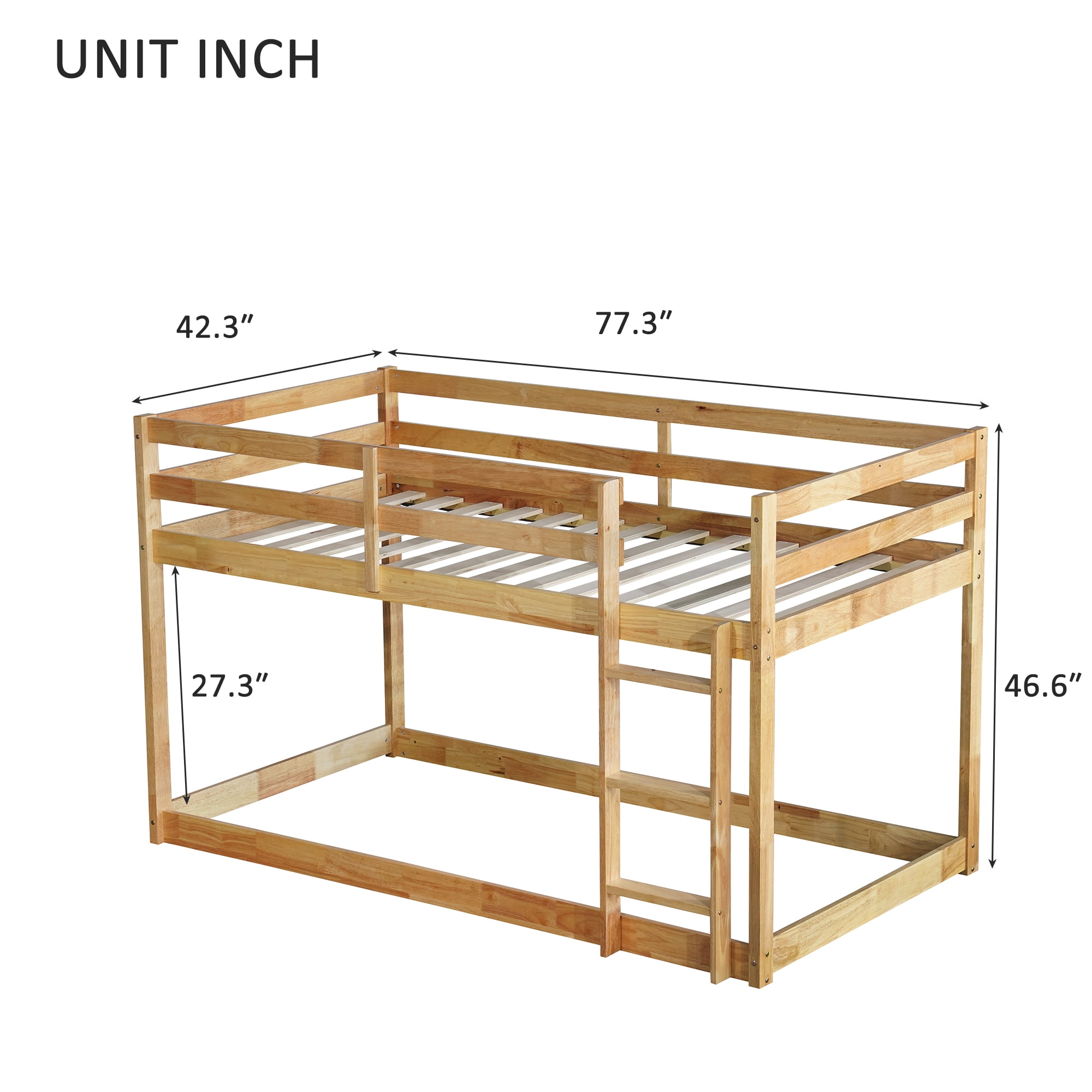 Sailvan Floor Bunk Bed Twin Over Twin, Solid Wooden/Solid Rubber, Upper Bed Platforms crafted with Strengthened Slats