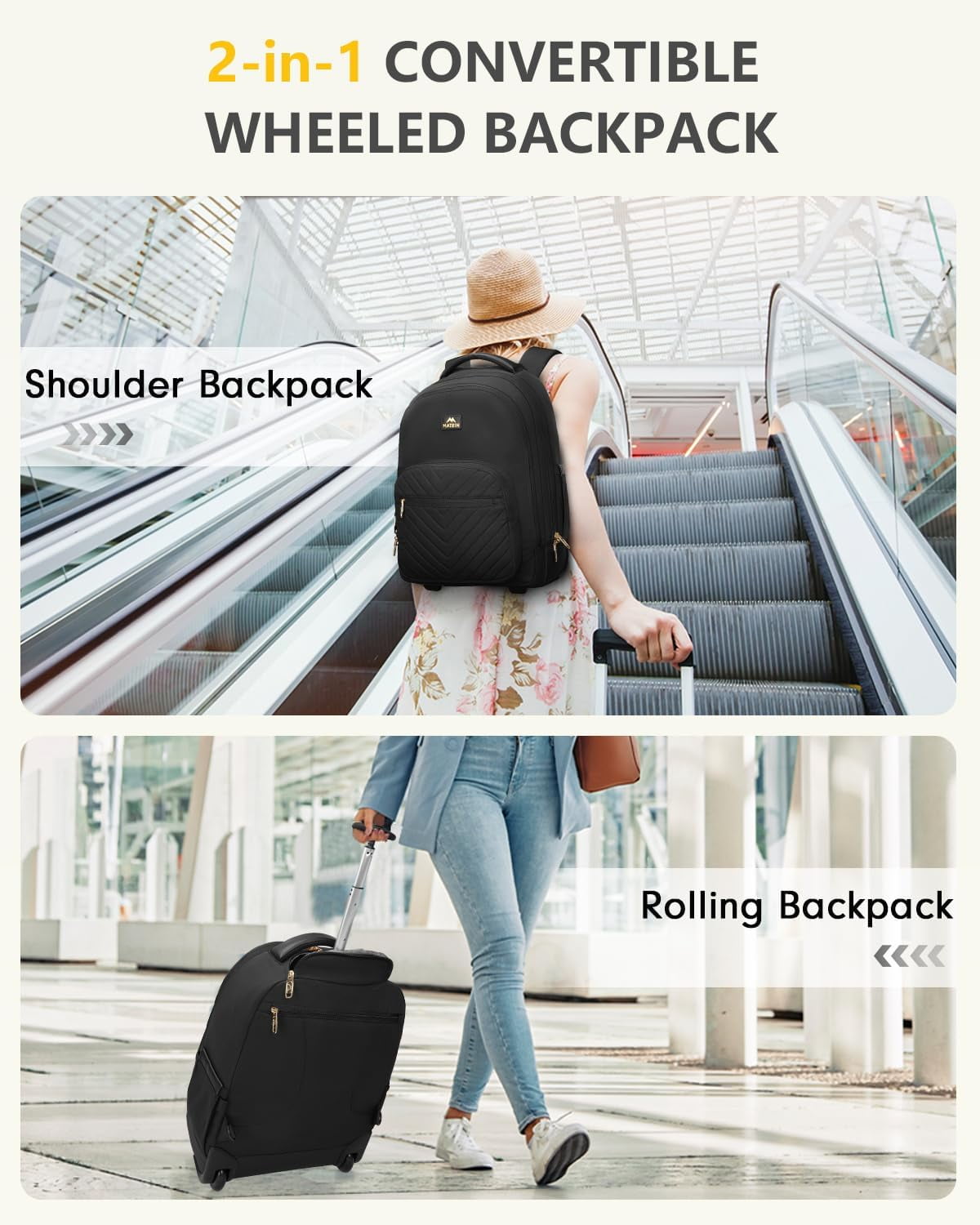 Matein Wheeled Backpack for Women - 17" Waterproof Laptop Bag, Business Travel Carry-On (Black)