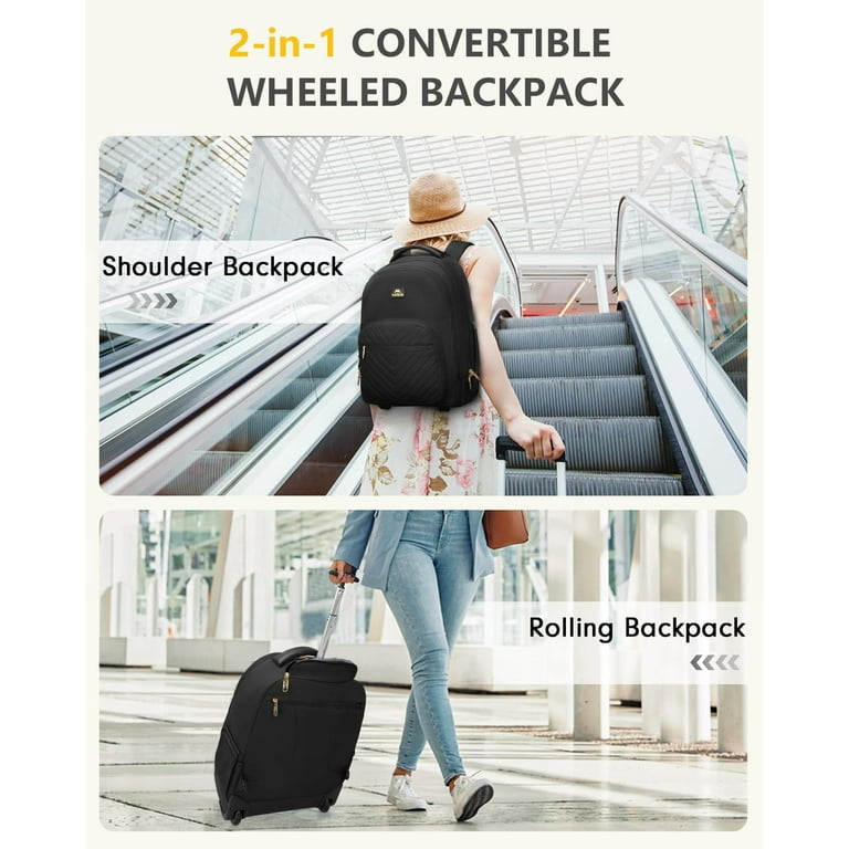 best travel backpack wurh wheels for women MATEIN Rolling Women, Laptop Backpacks with durable rubber wheels and stowable shoulder straps Ive been dreaming of finding