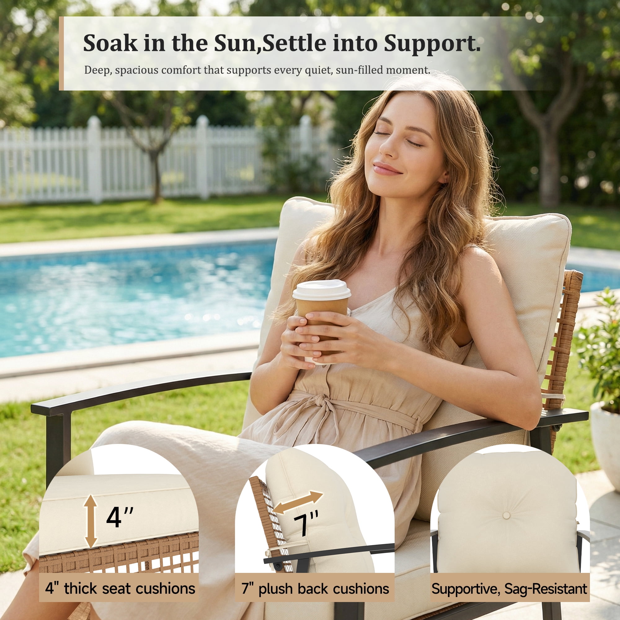 Deersky 4 Pieces Outdoor Patio Furniture Set with 2 All-Weather Wicker Chairs, Loveseat and Coffee Table, Easy Assembly for Balcony, Porch, Backyard