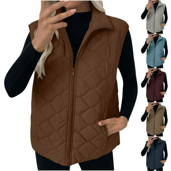 Nfurl Womens Fall Winter Puffer Vests Loose Fit Zip up Lapel Solid Color Quilted Outerwear Vest with Pockets Going Out Sleeveless Jackets Brown S