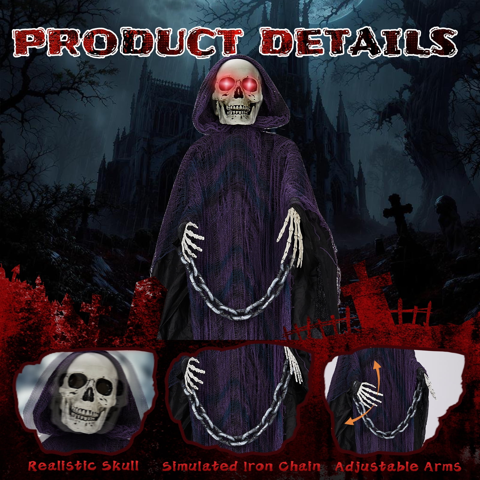 Astoutdoor 6 ft Halloween Animatronic Grim Reaper, Sound-Activated Outdoor Decoration with Chain