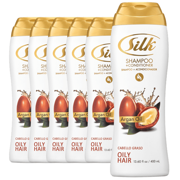 Silk 2 in 1 Shampoo and Conditioner for Oily Hair, Clarifying Hair Wash with Argan Oil and Silk Proteins, Hair Cleanser, Argan Oil Scent, 13.6 fl oz (Pack of 6)