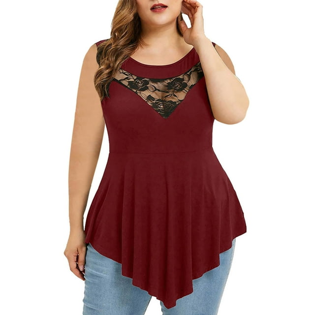 Weiqiqre Tuniques pour Femmes, Grande Taille Femmes Dentelle Florale Unie Col Rond Asymétrique Sans Manches Hauts Blouse