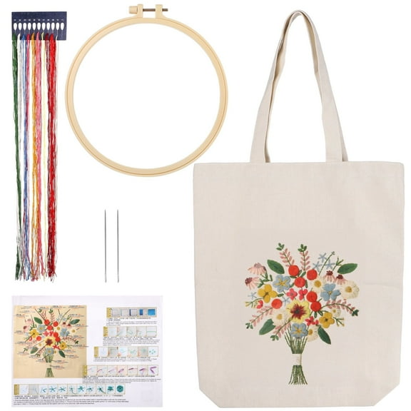 Canvas Bag Embroidery Kit - DIY Floral Tote Embroidery Kit Cross Stitch Hoop Kit