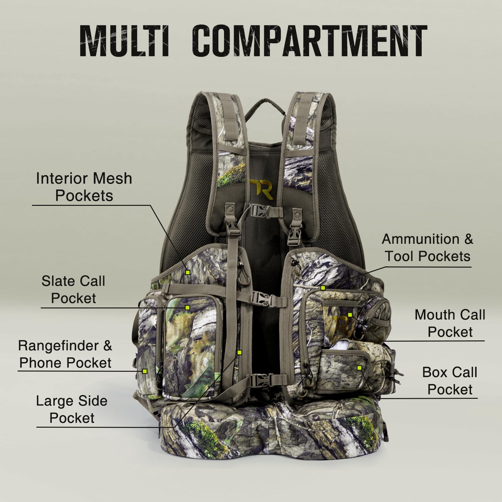 TR Turkey Vest for Hunting with Frame and Seat,Camo Hunting Vest with Kickstand,Memory Foam Cushion, Game Pouch & Multi-Pocket Storage Lightweight Adjustable Turkey Hunting Gear for Men Women