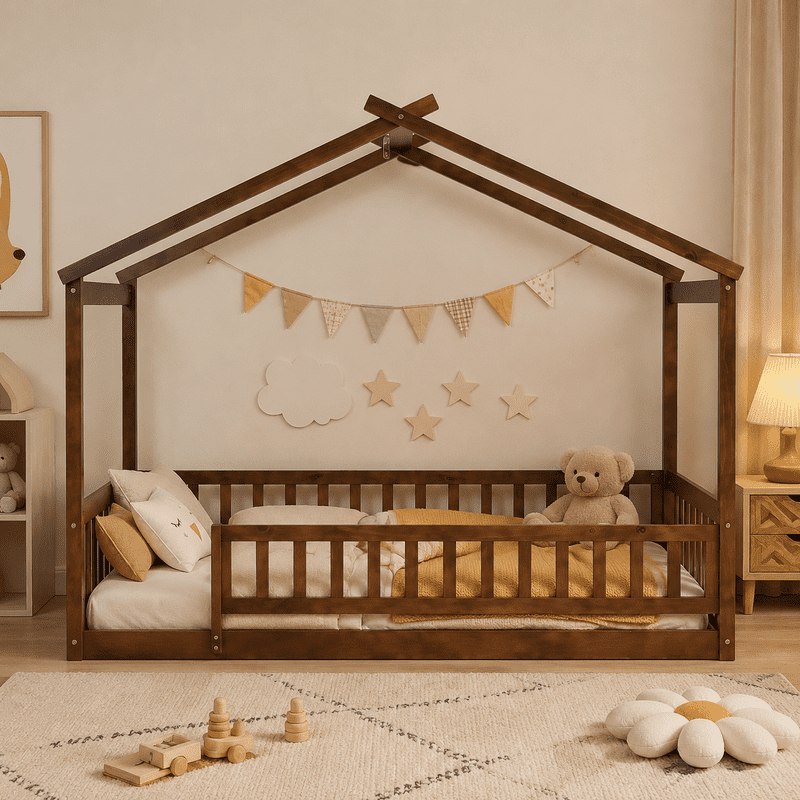Twin Size Wood House Bed Floor Bed with Fence and Guardrails, Kids Playhouse Bed Toddler Bed Montessori Bed for Kids Boys Girls, No Box Spring Needed