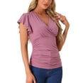 thumbnail image 4 of Blusa Faux Wrap Inspire Chic para Mujer, Blusa Casual de Verano con Cuello en V y Mangas con Volantes, Talla M, Gris Púrpura, 4 of 6