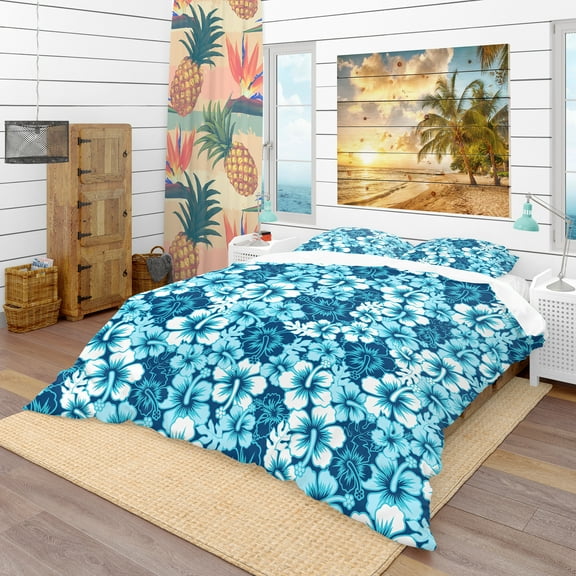 Designart 'Indigo Hawaii Flowers Pattern' Tropical Duvet Cover Set