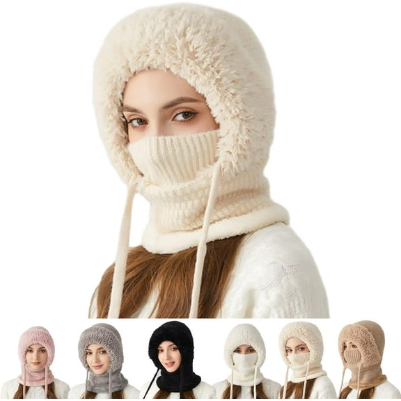 3 in 1 Beanie Hat for Women, Womens Balaclava Winter, Cold Knitted Hats Wind Resistant Hooded Scarf, Thick Plush-Lined