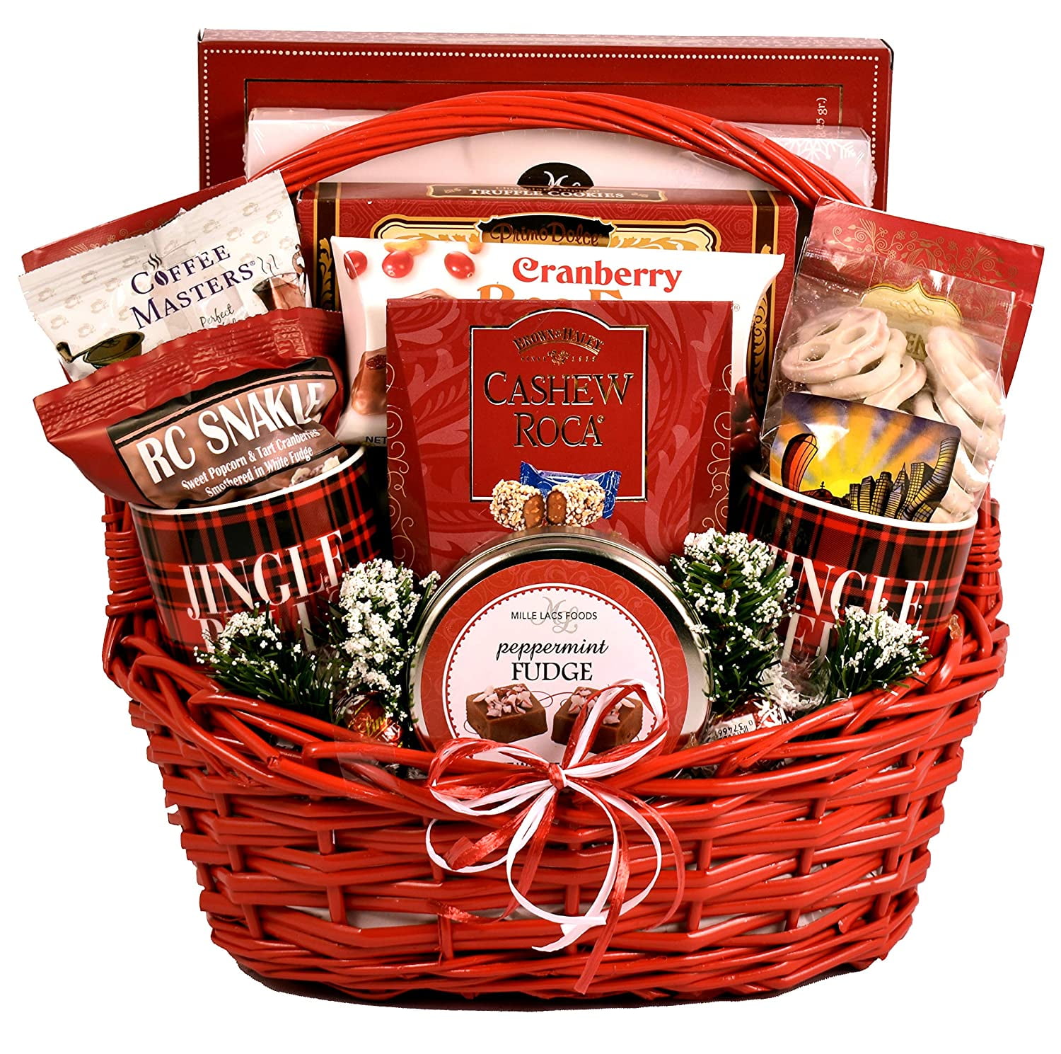 Candy Cane Lane, Holiday Gift Basket - A Festive Christmas Gift Basket In Large Red Basket With