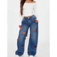 thumbnail image 6 of Women'S Jeans Baggy High Waist Hollow Heart Embroidery Wide Leg Denim Pants Blue S, 6 of 8