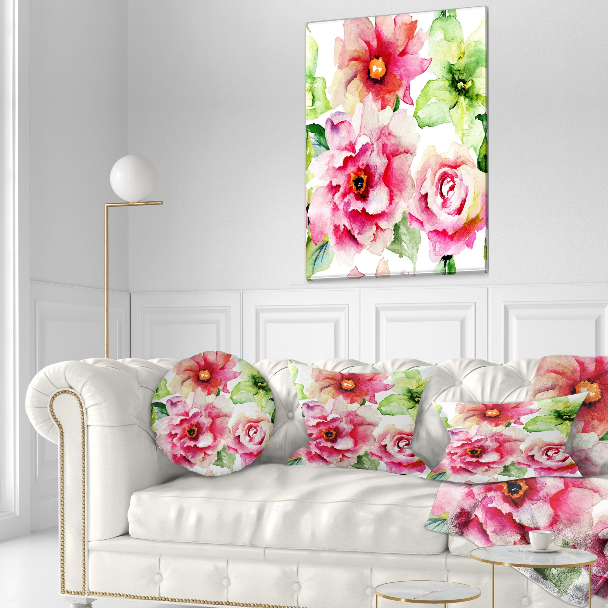 Designart Roses and Gerber Flowers Watercolor - Floral Throw Pillow - 12x20