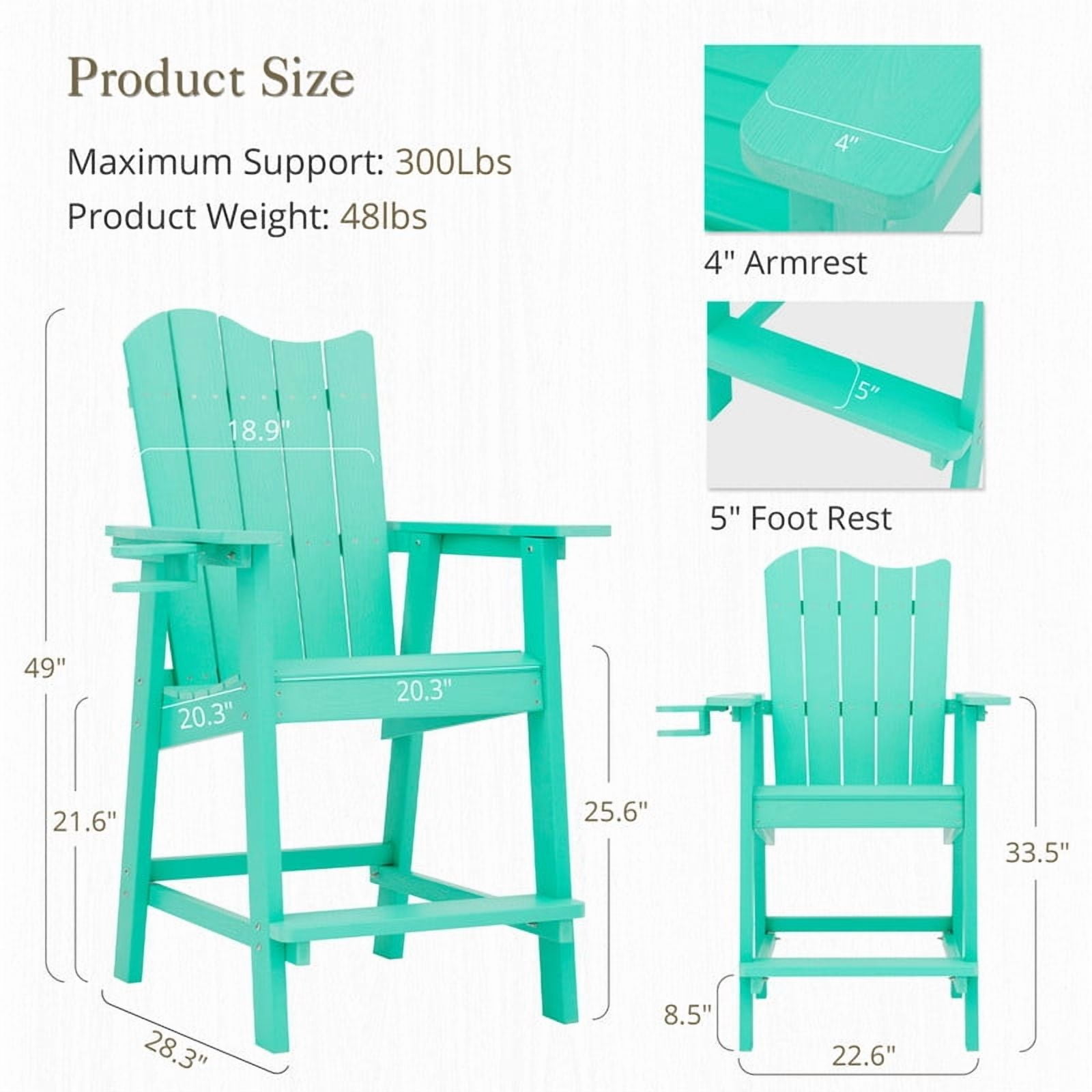 Dycanpo 25.6'' Tall Adirondack Chair with Cup Holder,All-Weather Outdoor Bar Stools,HDPS-Apple Green