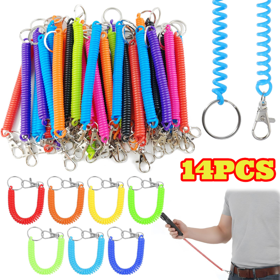 14pcs Spiral Retractable Spring Coil, Keychain Anti-Lost Stretch Cord Safety Key Rings