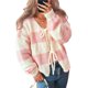 thumbnail image 1 of Chaqueta de Punto Holgada Informal con Cuello en V y Larga para Mujer, Cárdigan de Punto con Cordones y Rayas en Contraste. Rosa L, 1 of 10