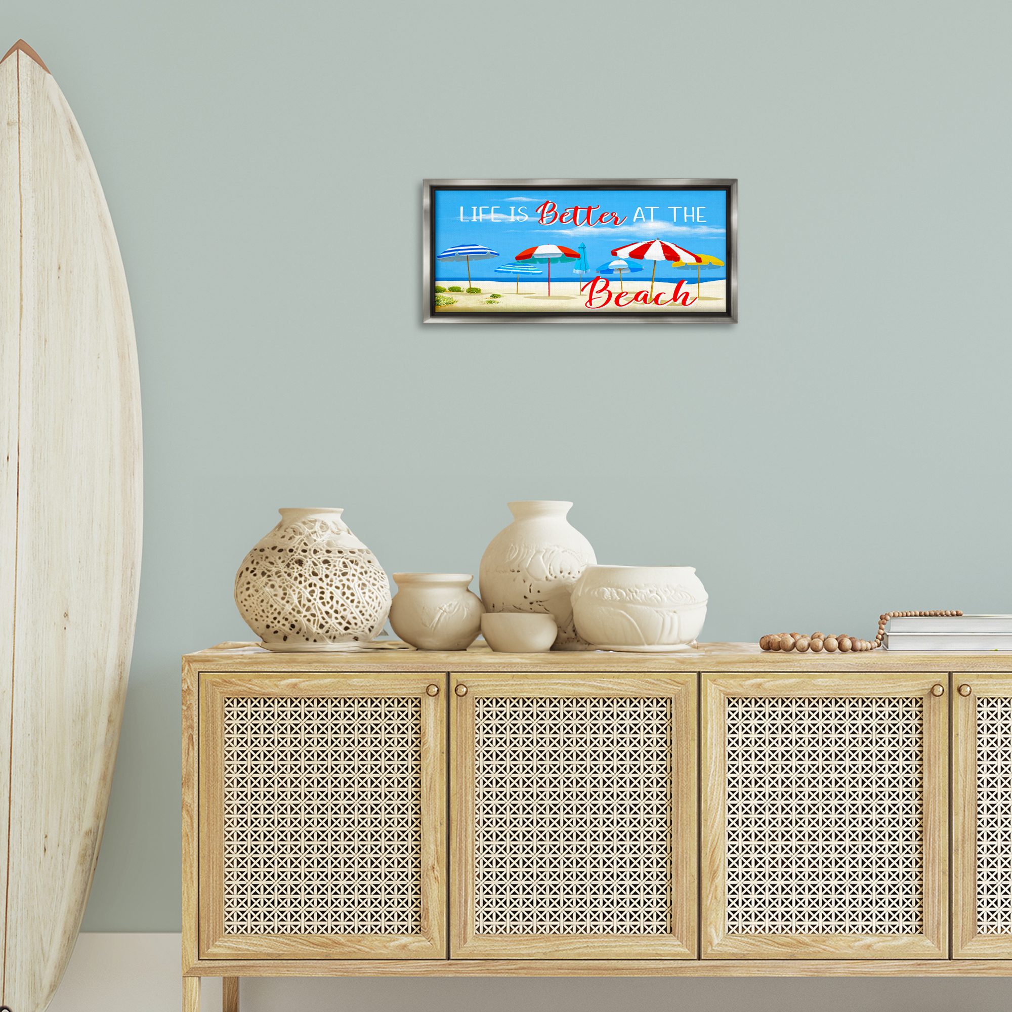 Stupell Industries Better At Beach Scene Landscape Painting Gray Floater Framed Canvas Art Print Wall Art, 25 x 11