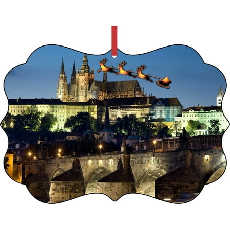 - Santa & Sleigh Over the Prague Castle Aluminum SemiGloss Quality Aluminum Benelux Shaped Hanging Christmas Holiday Tree Ornament Made in the U.S.A.