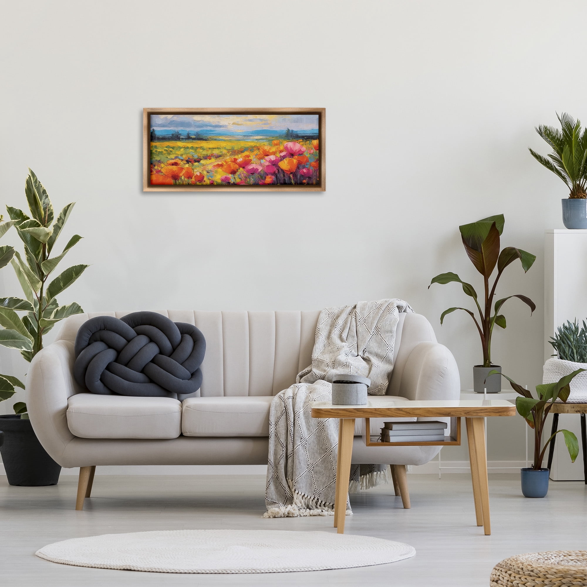 Stupell Industries Bright Tulips Landscape Landscape Painting Brown Floater Framed Canvas Art Print Wall Art, 31 x 14
