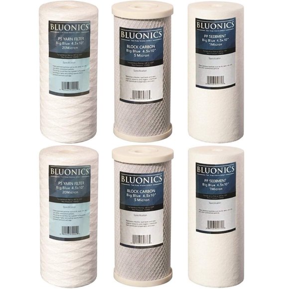 Bluonics Ensemble de Filtres à Sédiments Enroulés de Fil, CTO Carbone et Sédiments (2 de Chaque) pour Notre Système de Puits d'Eau > 6 Pcs 4.5 Pouces x 10 Pouces Cartouches pour Toute la Maison