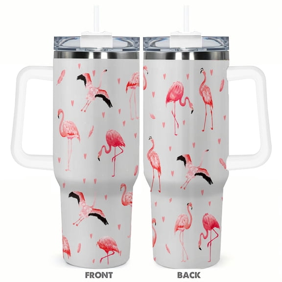 40oz Pink Flamingo Hearts Insulated Tumbler with Handle and Straw Cute Love Birds Travel Cup Gift for Her
