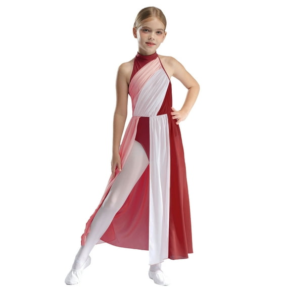 CHICTRY Kids Girl's Lyrical Dance Dress Leotard Color Block Sleeveless Modern Contemporary Dancewear Burgundy 6