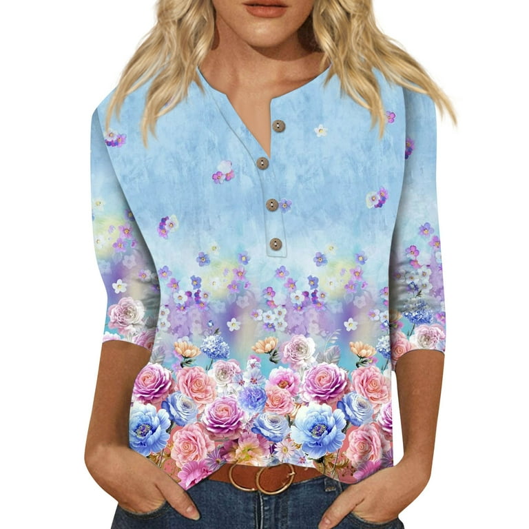 Womens 3/4 Sleeve Tops and Blouses Plus Summer Floral Print Tunic Work Tops  for Women Large Bust Crewneck Slim Fit Half Sleeve Oversized Graphic Tees  for Women Country Spring Blouses 