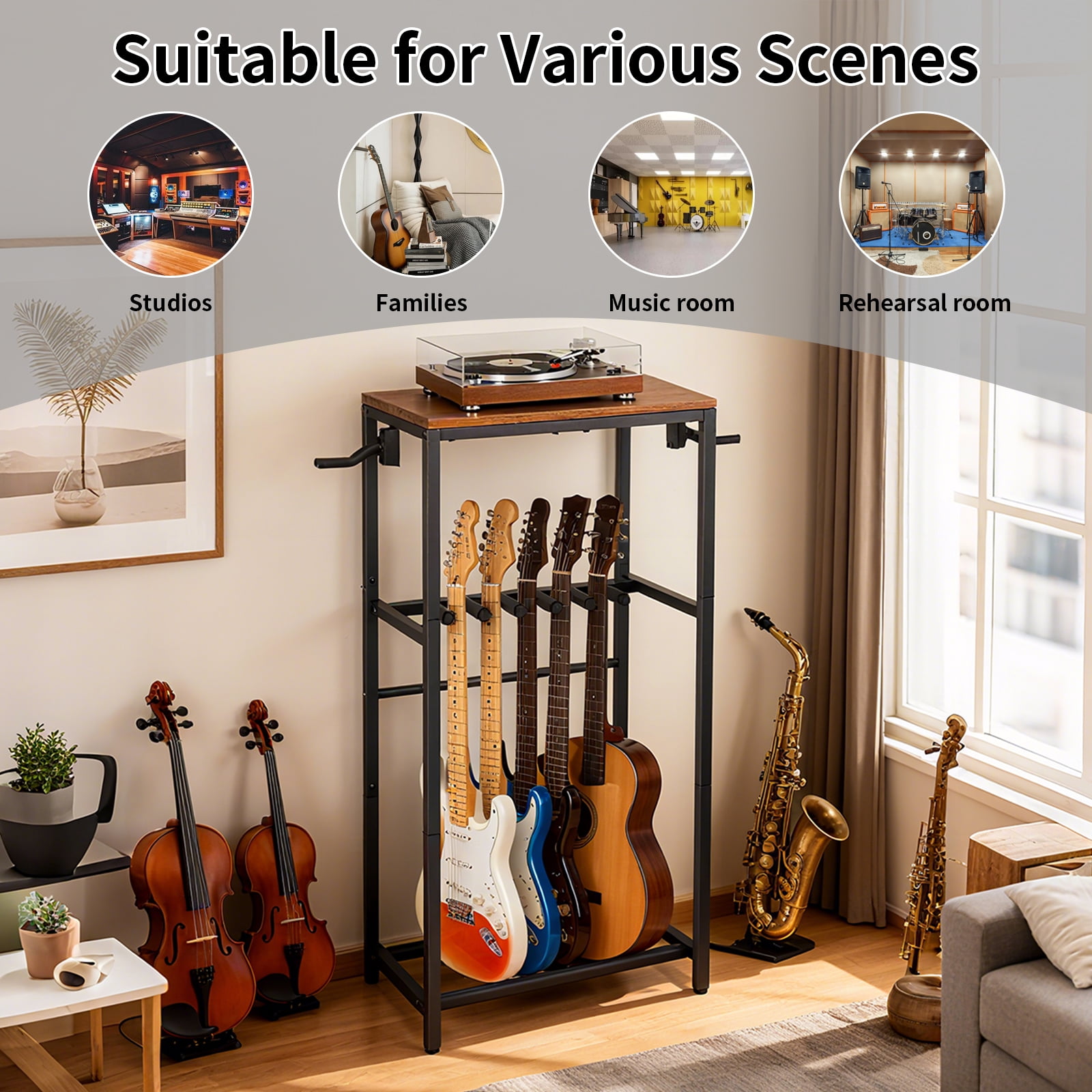 stusgo Multi Guitar Rack,Multi Instrument Guitar Stand for 7 Guitars,Guitars Display Rack with 2 Guitar Holders for Home,Stage,Studio, Brown