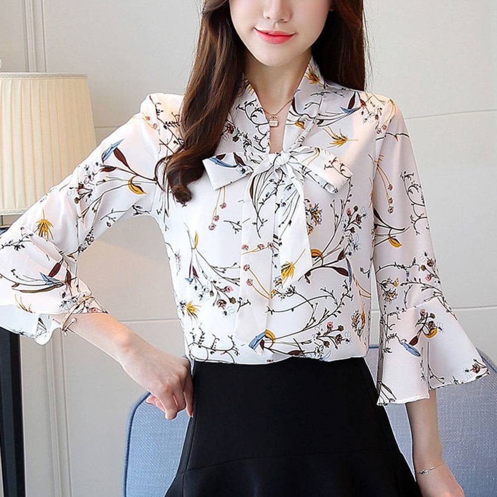 Floral Printed Bow Chiffon Shirt Spring Summer Three Quarter