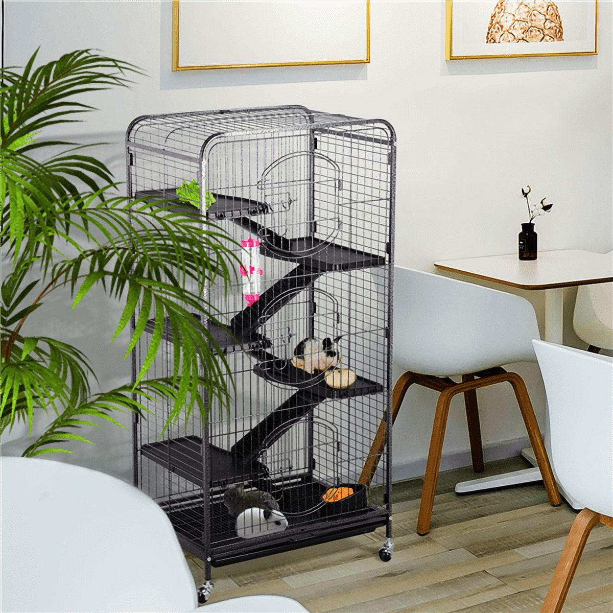 Alden Design Large 6 Level Rolling Pet Cage with 3 Doors, Pet Bowl, and Water Bottle for Small Animals, Black
