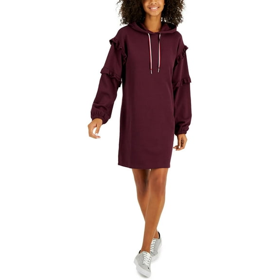 Tommy Hilfiger Womens Ruffle Sleeve Sweatshirt Dress Winetasting L