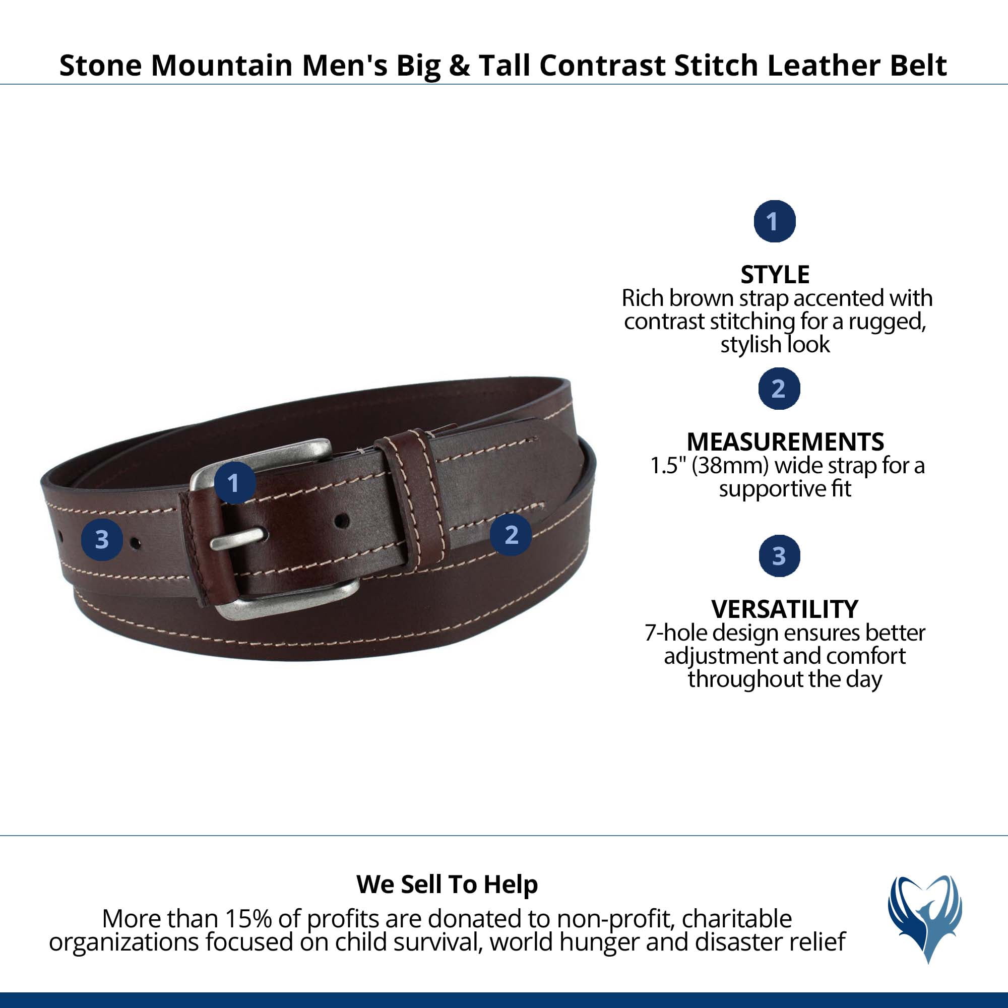 Stone Mountain Contrast Stitch Leather Belt (Men Big & Tall