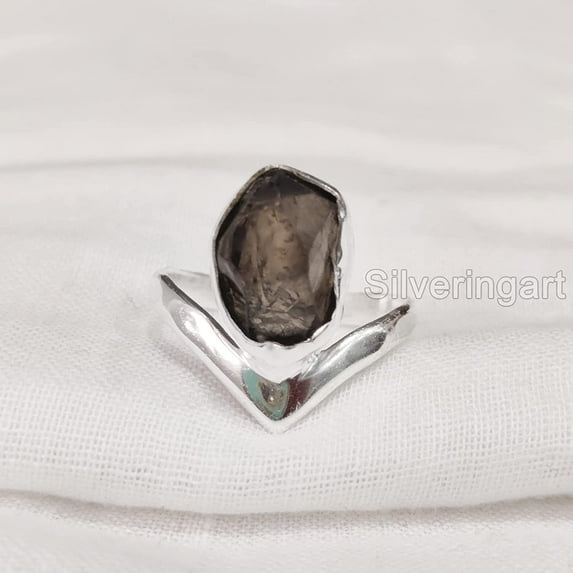 Natural Smoky Quartz Ring, Rough Quartz Gemstone Ring, Birthstone, Crown V Ring, 925 Sterling Silver, Womens Ring, Christmas, Thanksgiving, Handmade, Statement Jewelry, Rough Gemstone Jewelry