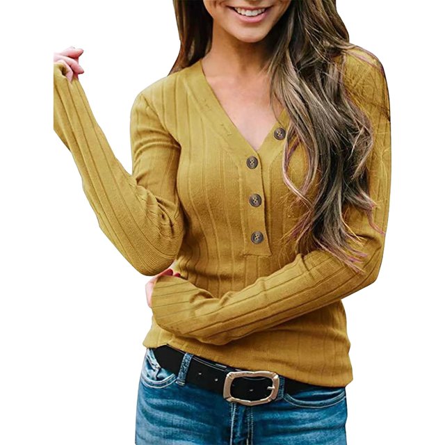 SAYDY Button Down Knit Sweater V Neck Long Sleeve Knit Bottom Shirt for Home Shopping Dating 0601M