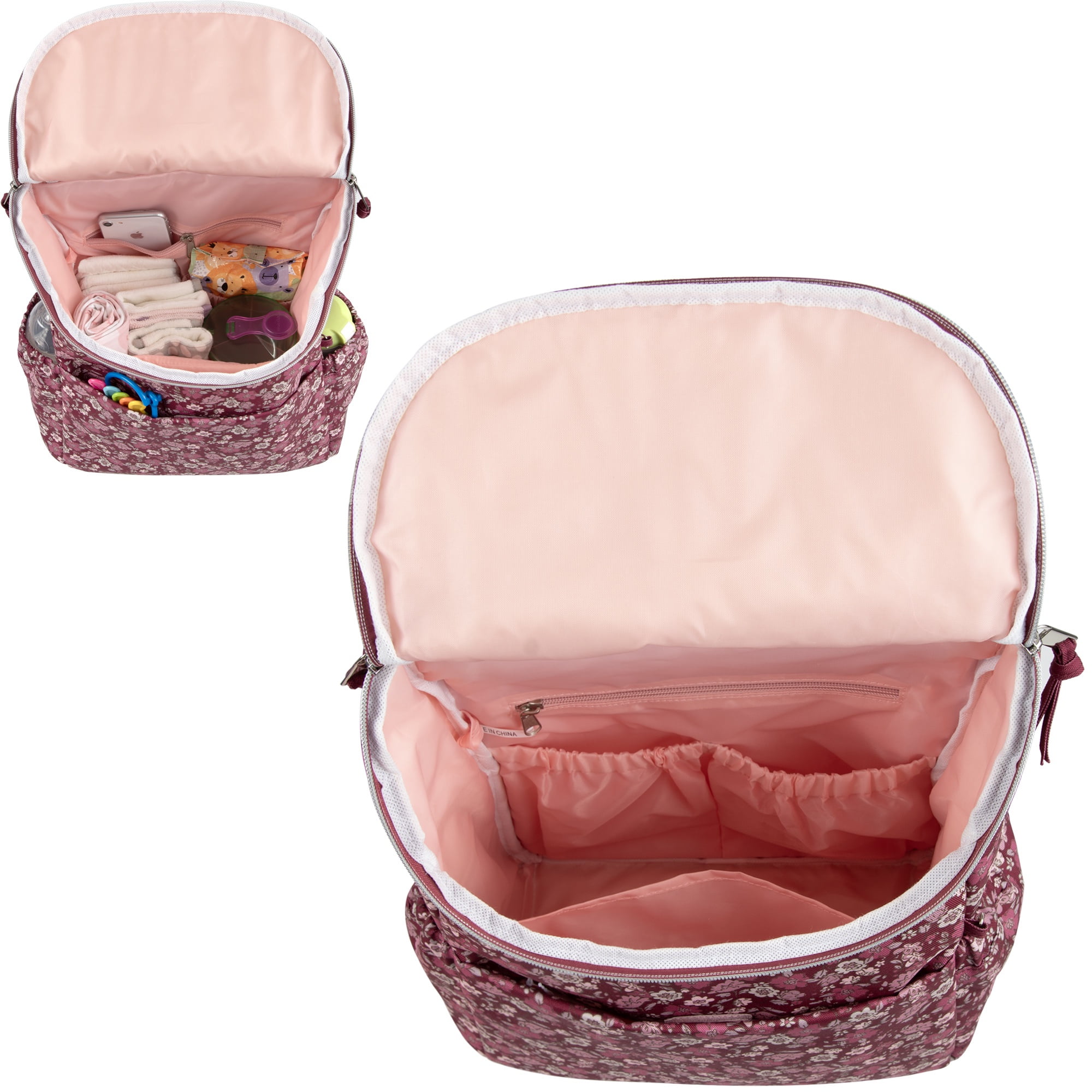 Baby Essentials 2 Piece Baby Diaper Backpack with Stroller Straps and Matching Changing Pad in Burgundy Floral
