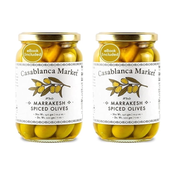 Casablanca Market Marrakesh Spiced Olives, Moroccan Colossal Green Olives with Pits, Gourmet Whole Green Olives, 2 Pack,  10.5 oz
