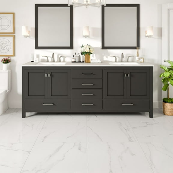 Eviva Aberdeen 84″ Transitional Espresso Bathroom Vanity with White Carrara Quartz Countertop