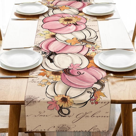 Fall Pink White Pumpkin Table Runner, Autumn Thanksgiving Sunflower Maple Leaves Kitchen Dining Table Decoration, Seasonal Indoor Outdoor Home Decor Party Supply 13 x 72 Inch