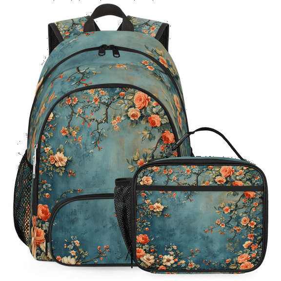 Herdesigns Vintage Floral Backpack with Lunch Box Flowers Lightweight Large Travel Work Laptop Backpacks Set Casual Daypacks