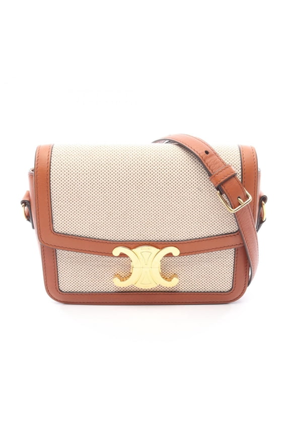 Pre-Owned Celine Teen Triomphe Shoulder Bag, Canvas and Leather, Women's, Ivory Brown (Good)