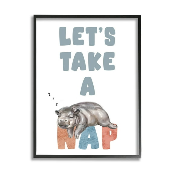 Industries Let's Take A Nap Phrase Sleeping Baby Hippo 11 in x 14 in Framed Painting Art Print, by Stupell Home Décor