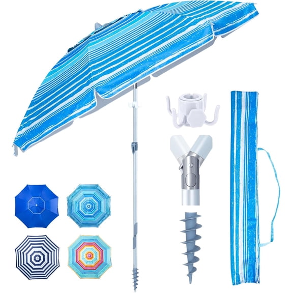 Heavy Duty High Wind Beach Umbrella with Sand Anchor & Carry Bag | Patio Outdoor Umbrella with Aluminum Frame and Push Button Tilt, Ideal for Travel Garden Lawn, UPF 60 