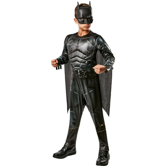 Child’s DC "The Batman" Batman Costume featuring a black muscle-padded jumpsuit with molded chest armor, attached cape, printed utility belt, and Batman mask, ideal for boys' Halloween superhero dress-up and costume events.