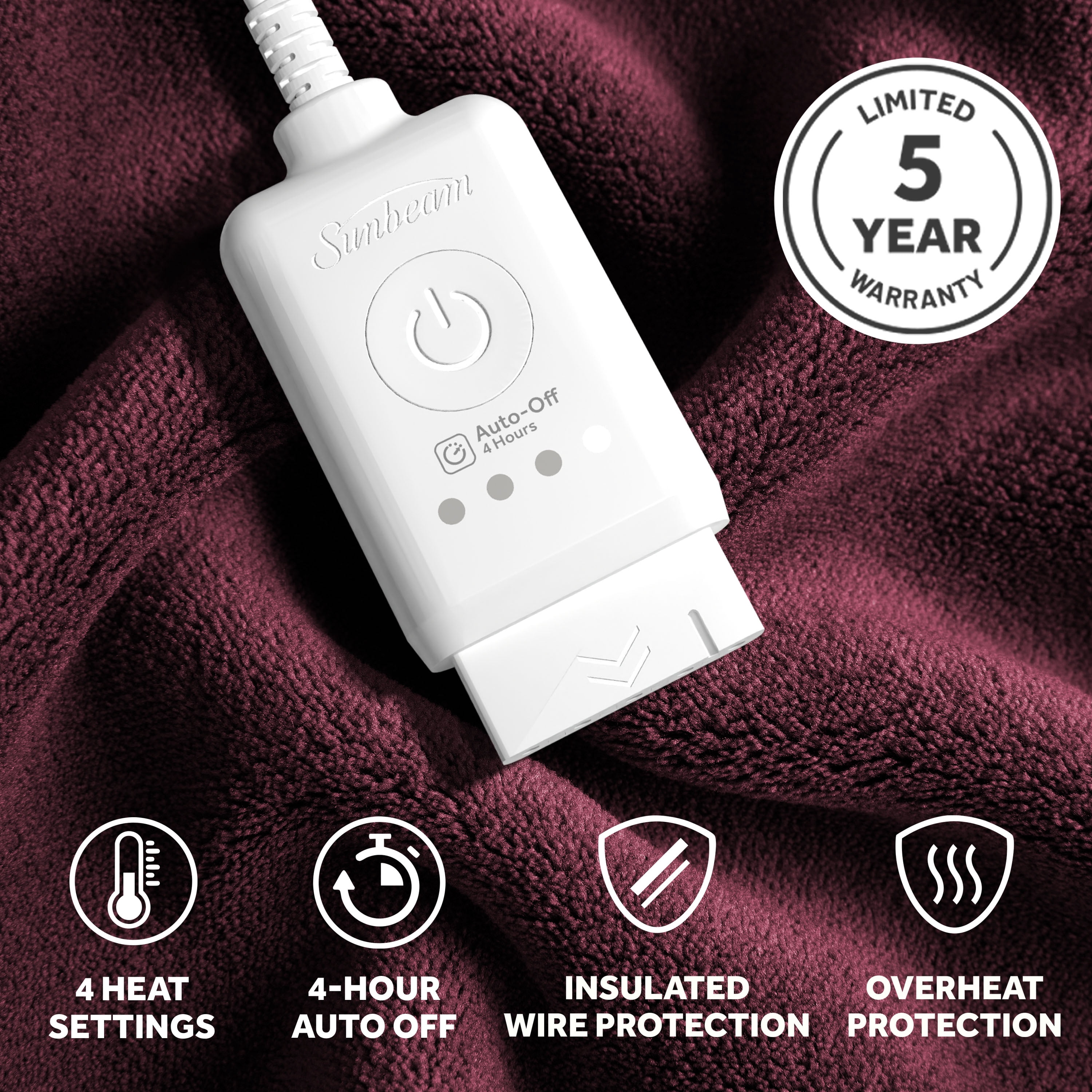 Sunbeam Heated Electric Oversized Microplush Throw Blanket, Merlot, 4 Heat Settings, 60 x 80 in