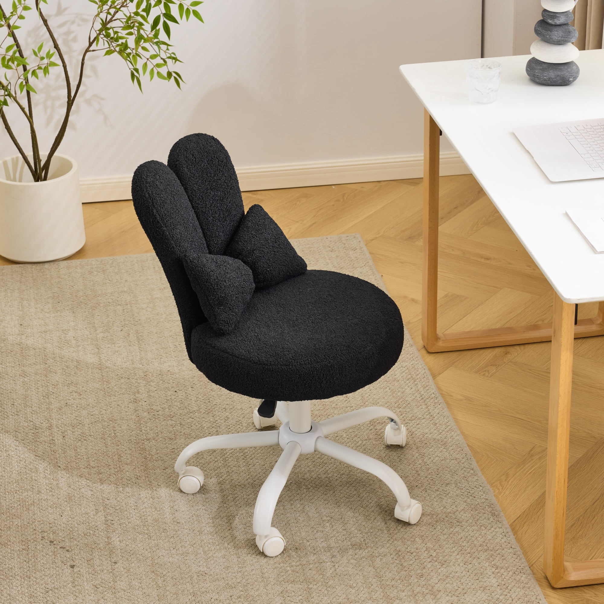 Ktaxon Teddy Fleece Office Chair, Rabbit Ear Backrest Vanity Chair, Adjustable Swivel Reading Chair for Home Office Black