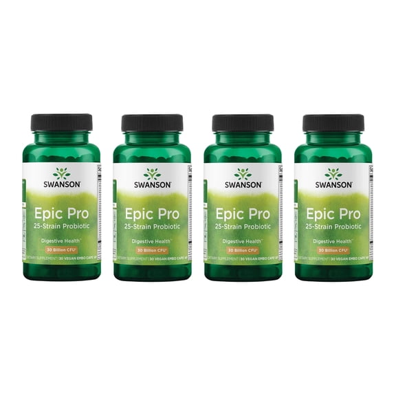 Swanson Epic-Pro 25-Strain Probiotic 30 Billion CFU Digestive Health Immune System Support Prebiotic Nutraflora FOS 30 DRcaps Veggie Capsules (Caps) (4 Pack)