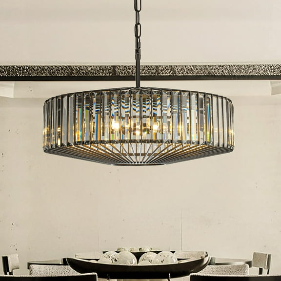 W24 in Unique Modern Crystal Chandelier Matte Black Dimmable 6-Light Luxury Pendant Light with Clear Crystal For Dining Room Living Room Entryway