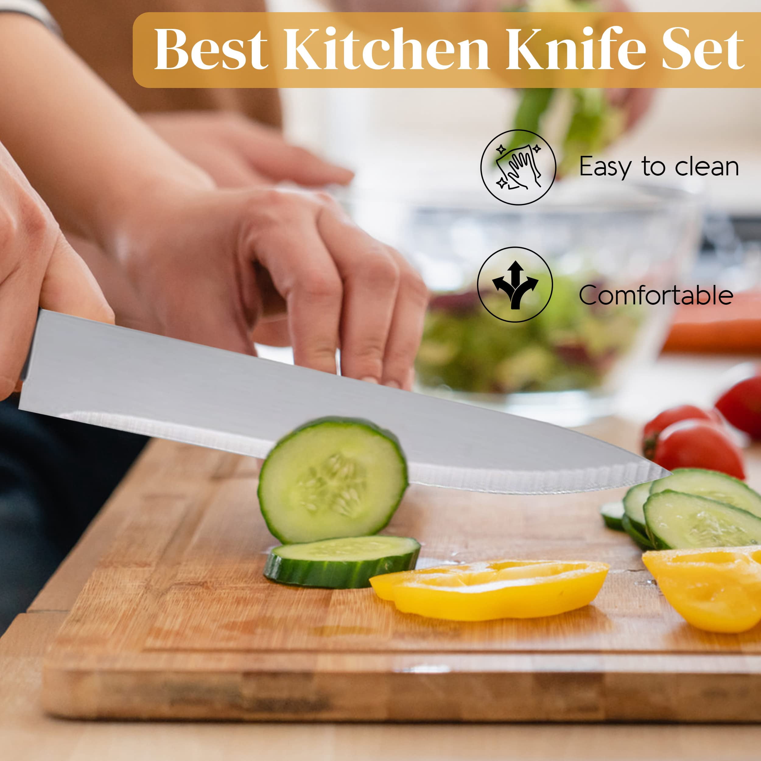 Alpine Cuisine Stainless Steel Cutlery Set 13-Piece, Durable & Rust Resistant, Sharp Blade Cutting Knife Set, Grip Black Handles & Wood Holder, Lightweight & Strong, Multipurpose Use