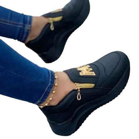 

Duretiony Women s Sneakers Fashion Letter Decoration Comfortable Zipper Design Loafers Casual Slip on Breathable Round Toe Shoes