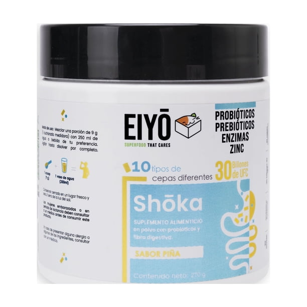 Shoka EIYO polvo para preparar Bebida sabor piña con10 cepas de probióticos, prebioticos, enzimas digestivas, 30 billones de UFC y Zinc